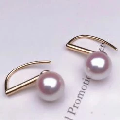 Takaramonobr 8.0-8.5 Mm AAA White Akoya Round Pearl Dangle Earrings On 18-Karat Yellow Gold