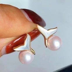 Takaramonobr 6.0-6.5 Mm Mermaid Whale Tail White Akoya Pearl Stud Earrings In 18-Karat Gold