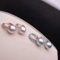 Takaramonobr Pave Diamond 8.5-9.0 Mm White/Silver Blue Akoya Dangle Pearl Earrings In 18K Gold Akoya Pearls