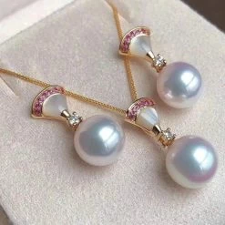 Takaramonobr Fanshaped 8.5-9.0 Mm White Akoya Pearl Dangle Earrings With Diamonds & Ruby In Gold Akoya Pearls