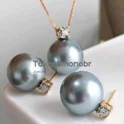 Takaramonobr Forever Elegant 10.0-11.0 Mm Tahitian Silver Blue Pearl & Diamond Stud Earrings/Pendant In 18K Gold Blue Pearls