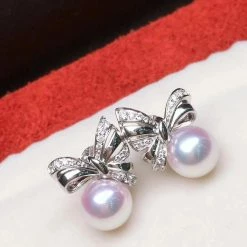 Takaramonobr Ribbons 8.5-9.0 Mm White Japanese Akoya Pearl Earrings With Diamonds In 18K Gold