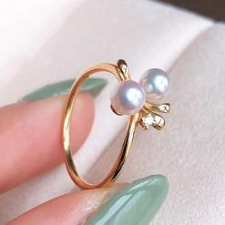 Takaramonobr Ribbons 4.0-4.5 Mm Japanese Akoya Pearl & Diamond Ring In 18K Yellow Gold