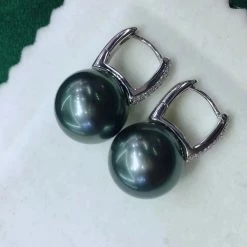 Takaramonobr 13.0-14.0 Mm Fixed Square Edge Diamond And Tahitian Pearl Hoop Earrings