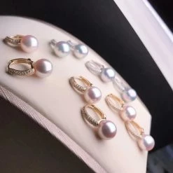 Takaramonobr Pave Diamond 8.5-9.0 Mm White/Silver Blue Akoya Dangle Pearl Earrings In 18K Gold Akoya Pearls