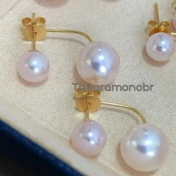 Takaramonobr Akoya Pearls Double Pearls 5.5-6.0 Mm & 8.5-9.0 Mm White Akoya Pearl Stud Earrings In 18K Gold