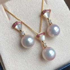 Takaramonobr Fanshaped 8.5-9.0 Mm White Akoya Pearl Dangle Earrings With Diamonds & Ruby In Gold Akoya Pearls