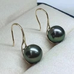 Takaramonobr Fixed Short French Hook Pearl Earrings, 8.0-9.0mm Tahitian Black Green Pearl Earrings Black Pearls