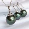 Takaramonobr 12.0-13.0 Mm Tahitian Black Green Pearl & Diamond French Hooks Earrings/Pendant In G18k