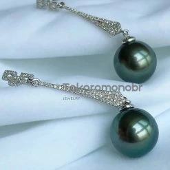 Takaramonobr 12.0-13.0 Mm Pave Diamond Tahitian Pearl Drop Earrings