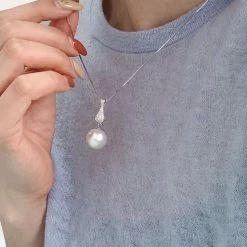 Takaramonobr 13.0-14.0 Mm White South Sea Pearl & Diamond Pendant Mounted On 18-Karat White Gold