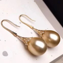 Takaramonobr Golden South Sea Pearls Ripples 14.0-15.0 Mm Golden South Sea Pearl Dangle Earrings In Gold With Diamonds