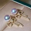 Takaramonobr Bowknot 7.0-7.5 Mm White Japanese Akoya Pearl Earrings With Diamonds In 18K Gold
