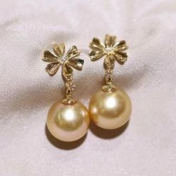 Takaramonobr Sunflower 9.0-10.0mm Golden South Sea Pearl & Diamond Earrings In G18k