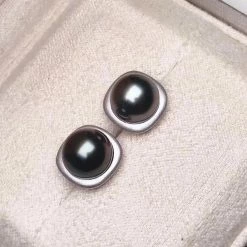 Takaramonobr Halo 9.0-10.0 Mm Black Tahitian Pearl Stud Earrings Mounted On 18K White Gold Black Pearls
