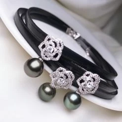 Takaramonobr 10.0-11.0 Mm AA Tahitian Black Pearl Choker Necklace With PU Leather & Silver Flower Black Pearls