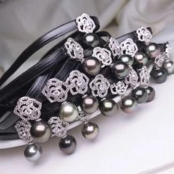 Takaramonobr 10.0-11.0 Mm AA Tahitian Black Pearl Choker Necklace With PU Leather & Silver Flower Black Pearls