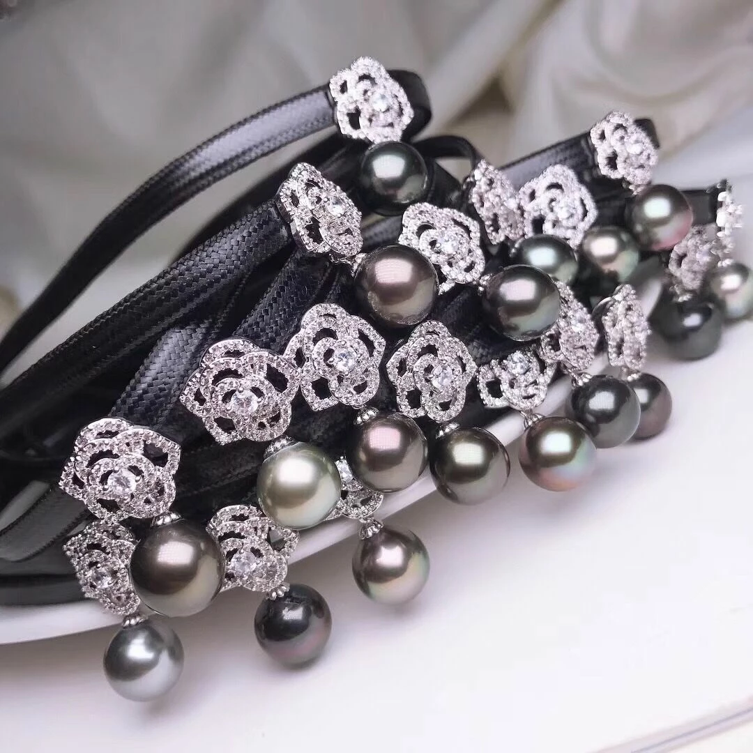 Wholesale 👏 Takaramonobr 10.0-11.0 Mm AA Tahitian Black Pearl Choker Necklace With PU Leather & Silver Flower Black Pearls 👏 4 Takaramonobr 10.0-11.0 Mm AA Tahitian Black Pearl Choker Necklace With PU Leather & Silver Flower Black Pearls