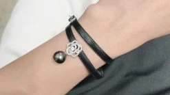 Wholesale 👏 Takaramonobr 10.0-11.0 Mm AA Tahitian Black Pearl Choker Necklace With PU Leather & Silver Flower Black Pearls 👏 9 Takaramonobr 10.0-11.0 Mm AA Tahitian Black Pearl Choker Necklace With PU Leather & Silver Flower Black Pearls