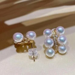 Takaramonobr 4.0-4.5 Mm White Akoya Pearl Cluster Half Hoop Earrings With Diamonds In Gold
