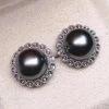 Takaramonobr Sunrise 11.0-12.0 Mm Tahitian Black Pearl Stud Earrings With Diamond Mounted On 18K White Gold