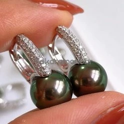 Takaramonobr 9.0-10.0 Mm Fixed Square Edge Diamond And Tahitian Pearl Hoop Earrings