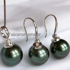 Takaramonobr 12.0-13.0 Mm Tahitian Black Green Pearl & Diamond French Hooks Earrings/Pendant In G18k