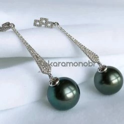 Takaramonobr 12.0-13.0 Mm Pave Diamond Tahitian Pearl Drop Earrings