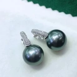 Takaramonobr 13.0-14.0 Mm Fixed Square Edge Diamond And Tahitian Pearl Hoop Earrings