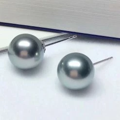 Takaramonobr 9.0-10.0 Mm Tahitian Silver Blue Pearl Stud Earrings Mounted On 18-Karat White Gold Blue Pearls