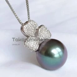 Takaramonobr Clover 12.0-14.0 Mm Tahitian Purplish Black Pearl & Diamond Earrings/Pendant In 18K White Gold Different Pearl Type In Same Style