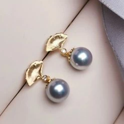 Takaramonobr Akoya Pearls Ginkgo Leaf 8.0-8.5 Mm Silver-Blue Round Akoya Pearl Earrings With Diamond In 18K Gold
