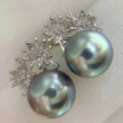 Takaramonobr White Lily 11.0-12.0 Mm Tahitian Silver-Blue Pearl Earrings In 18K Gold With Diamonds Blue Pearls