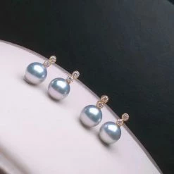 Takaramonobr 8.0-8.5mm Blue Akoya Pearl G18k French Vintage Style Pearl Earrings With Diamonds