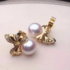 Takaramonobr Ribbons 8.5-9.0 Mm White Japanese Akoya Pearl Earrings With Diamonds In 18K Gold