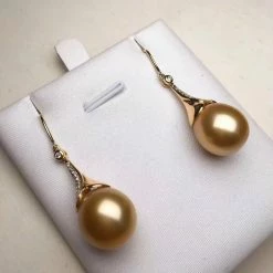Takaramonobr Diamond Trumpet French Hook Pearl Earrings, 12.0-13.0 Mm Golden South Sea Pearl