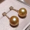 Takaramonobr Elegant Water Drop AAA 10.0-11.0 Mm Golden South Sea Pearl & Diamond Dangle Earrings