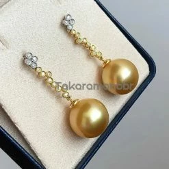 Takaramonobr Waterdrops 13.0-14.0 Mm Golden South Sea Pearl Earrings In Gold With Diamonds