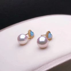 Takaramonobr Akoya Pearls Sweetheart 7.0-7.5 Mm Roound White Akoya Pearl Dangle Earrings With Opal