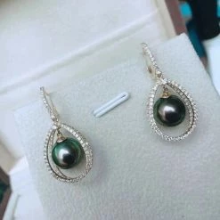 Takaramonobr Infinity Love 9.0-10.0 Mm Tahitian Peacock Pearl Dangle Earrings Mounted On 18K Gold With Diamonds Different Pearl Type In Same Style