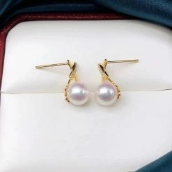 Takaramonobr Akoya Pearls X Collection 7.5-8.0 Mm Akoya Pearl Stud Earrings In 18K Gold With Diamonds