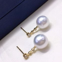 Takaramonobr Glistening 9.0-10.0 Mm White South Sea Pearl Earrings In 18K Gold With Diamond