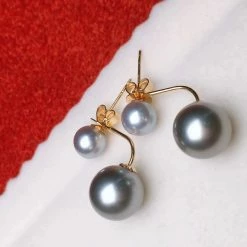 Takaramonobr Double Pearls Series | Tahitian Silver Blue & Akoya Pearl Stud Earrings In 18K Gold Akoya Pearls