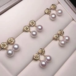 Takaramonobr Blooming Rose Collection 8.5-9.0 Mm White Akoya Pearl Dangle Earrings Mounted On 18K Gold Akoya Pearls
