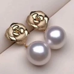 Takaramonobr Blooming Rose Collection 8.5-9.0 Mm White Akoya Pearl Dangle Earrings Mounted On 18K Gold Akoya Pearls