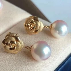 Takaramonobr Blooming Rose Collection 8.5-9.0 Mm White Akoya Pearl Dangle Earrings Mounted On 18K Gold Akoya Pearls