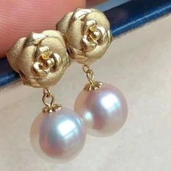 Takaramonobr Blooming Rose Collection 8.5-9.0 Mm White Akoya Pearl Dangle Earrings Mounted On 18K Gold Akoya Pearls