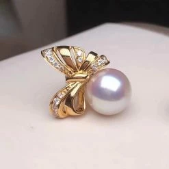 Takaramonobr Ribbons 8.5-9.0 Mm White Japanese Akoya Pearl Earrings With Diamonds In 18K Gold