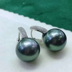 Takaramonobr 13.0-14.0 Mm Fixed Square Edge Diamond And Tahitian Pearl Hoop Earrings