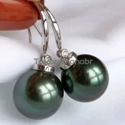 Takaramonobr 12.0-13.0 Mm Tahitian Black Green Pearl & Diamond French Hooks Earrings/Pendant In G18k